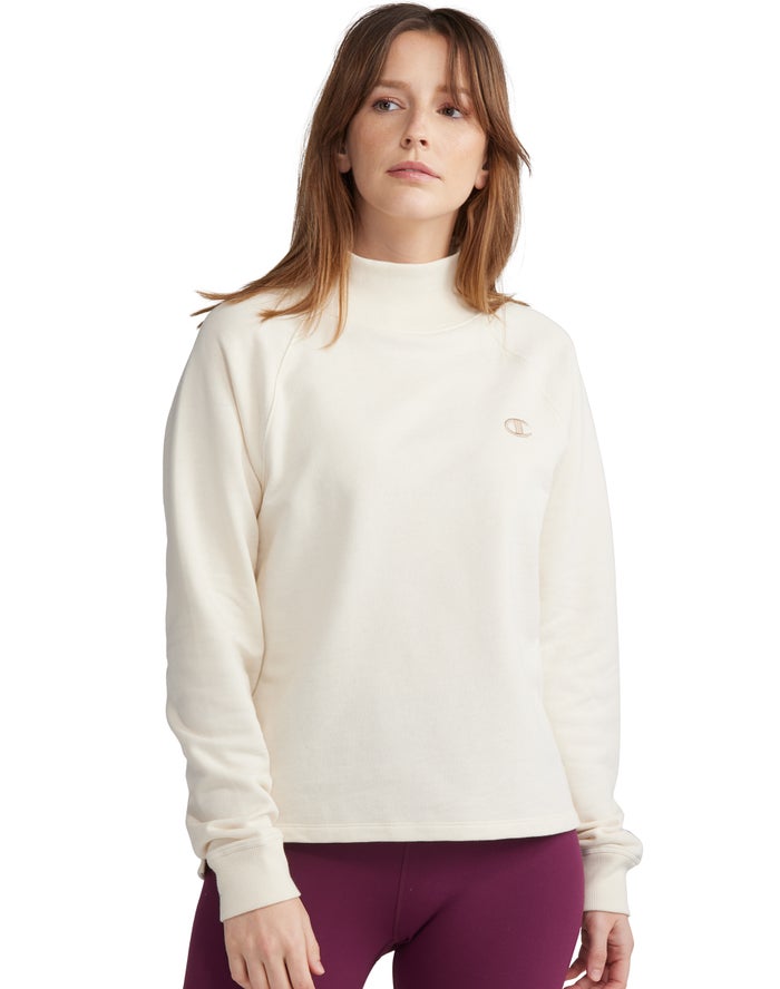 Champion Powerblend Fleece Mock Neck Embroidered Logo Kadın Sweatshirt Krema ( QPWDEH130 )